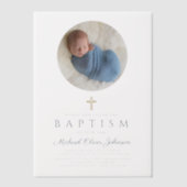 ネイビーエレガントブルースクリプトボーイ写真バプテスマ ベラム紙招待状 (正面)