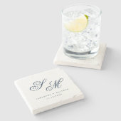 ネイビーエレガントブルースクリプトモノグラム結婚式の引き出物 ストーンコースター (横)