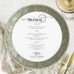 ネイビーエレガントブルースクリプトラウンド結婚のメニュー メニュー<br><div class="desc">シックシンプルな書結婚道のメニューカード。私は無料のカスタマイズサービスを提供もしし、質問や特別な要求がある感じら、私に無料でお願い。</div>