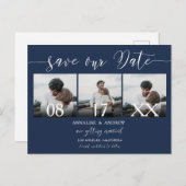 ネイビーエレガントブルースクリプト3枚の写真が日付を保存 ポストカード (正面/裏面)