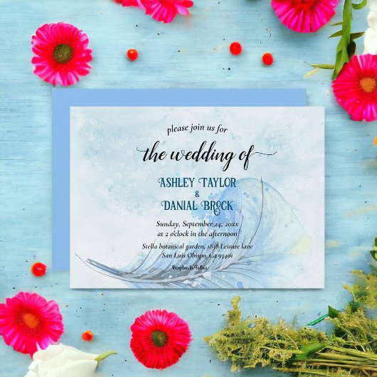 ネイビーエレガントブルーダスティウォータースタイリッシュカラー結婚ズ 招待状