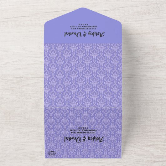 ネイビーエレガントブルーダマスククラッシー装飾結婚ズ オールインワン招待状 (外側)