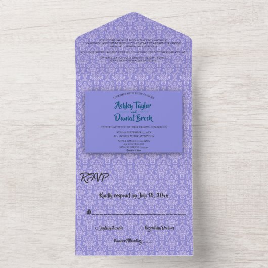 ネイビーエレガントブルーダマスククラッシー装飾結婚ズ オールインワン招待状 (内側)