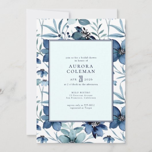 ネイビーエレガントブルーティール（緑がかった色）フローラブライダルシャワー 招待状 (正面)