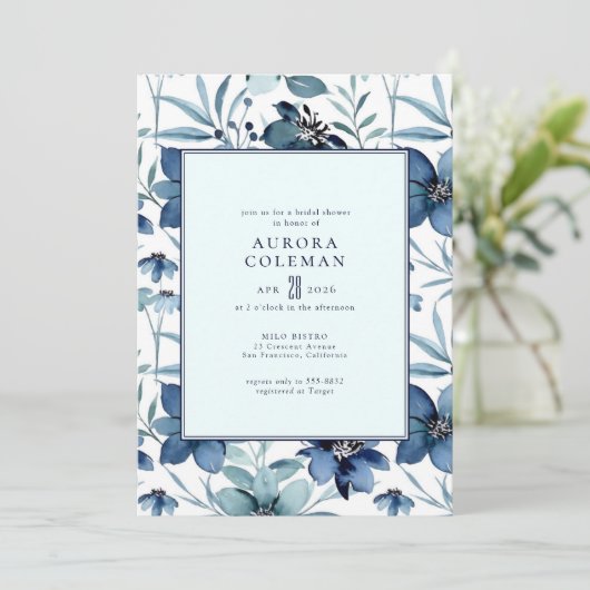 ネイビーエレガントブルーティール（緑がかった色）フローラブライダルシャワー 招待状 (スタンド正面)