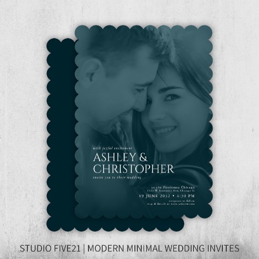 ネイビーエレガントブルードゥオトン写結婚真 招待状