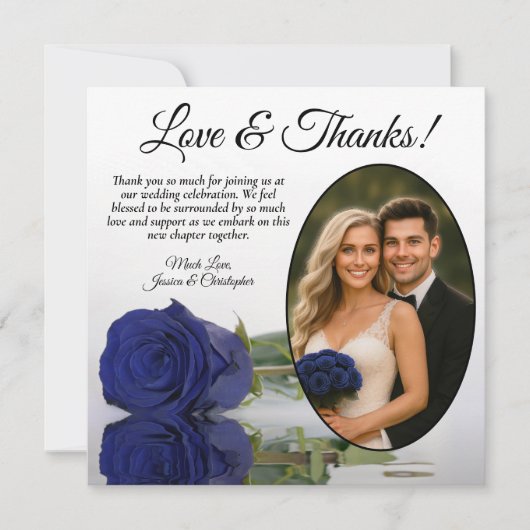 ネイビーエレガントブルーバラオーバルフォトロマン結婚ツ サンキューカード (正面)