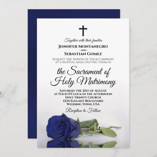 ネイビーエレガントブルーバラモダンカソリッ結婚クの 招待状 (正面/裏面)