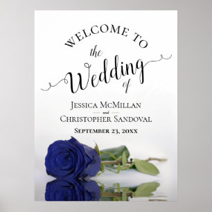 ネイビーエレガントブルーバラ書道結婚の歓迎 ポスター