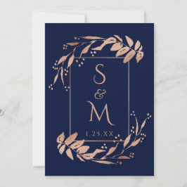 ネイビーエレガントブルーバラ金ゴールドの結婚葉 招待状