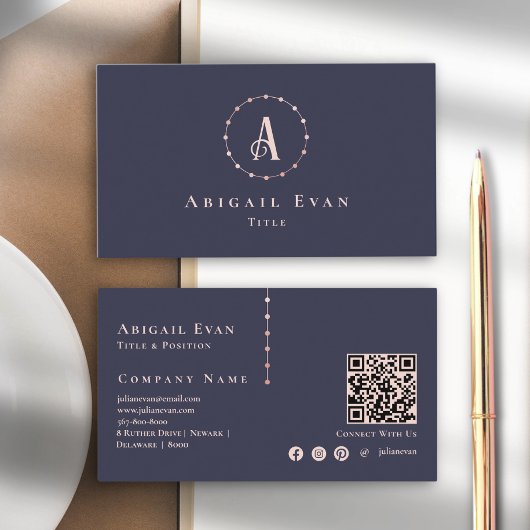 ネイビーエレガントブルーバラ金ゴールドグリッターモノグラム 名刺