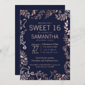 ネイビーエレガントブルーバラ金ゴールドフローラスウィート16招待状 招待状 (正面/裏面)