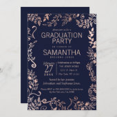 ネイビーエレガントブルーバラ金ゴールドフローラ卒業 招待状 (正面/裏面)
