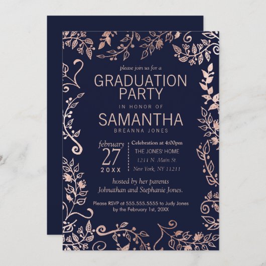 ネイビーエレガントブルーバラ金ゴールドフローラ卒業 招待状 (正面/裏面)