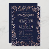 ネイビーエレガントブルーバラ金ゴールドフローラ婚約 招待状 (正面/裏面)