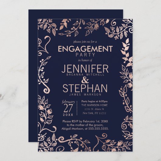 ネイビーエレガントブルーバラ金ゴールドフローラ婚約 招待状 (正面/裏面)