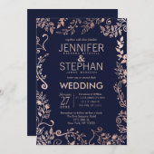 ネイビーエレガントブルーバラ金ゴールドフローラ結婚式の招待 招待状 (正面/裏面)