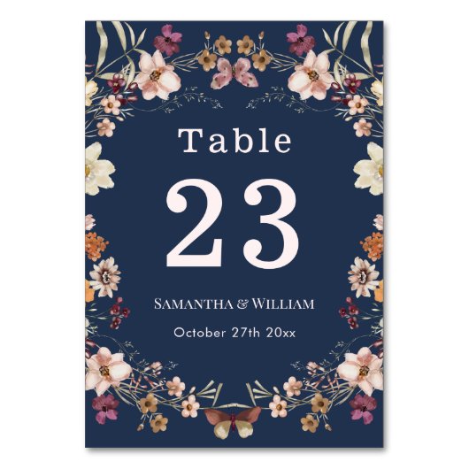 ネイビーエレガントブルーパステルワイルドフラワーボホ結婚ズ テーブルナンバー (正面)