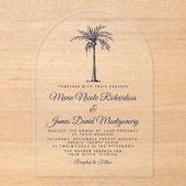 ネイビーエレガントブルーパームフォーマルビーチ結婚式 アクリル招待状 (正面)