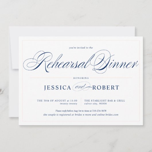ネイビーエレガントブルーピンクリハーサルディナー 招待状 (正面)