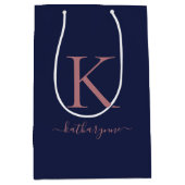 ネイビーエレガントブルーピンクローズ金ゴールドモノグラム名 ミディアムペーパーバッグ (正面)