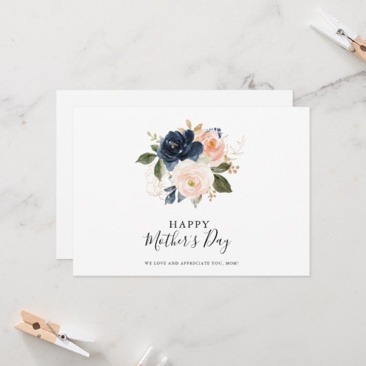 ネイビーエレガントブルーピンク赤面フローラ母の日 カード (正面/裏面インサイチュ)
