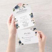 ネイビーエレガントブルーピンク赤面金ゴールド結婚フローラ オールインワン招待状 (貼ってはがせる)