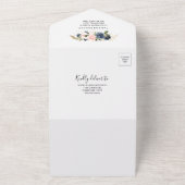 ネイビーエレガントブルーピンク赤面金ゴールド結婚フローラ オールインワン招待状 (外側)