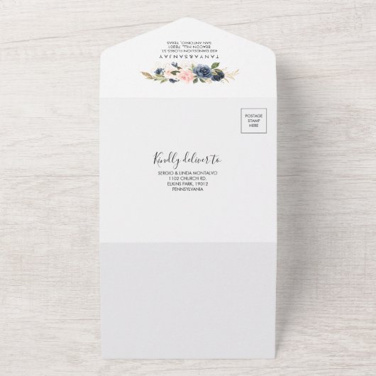 ネイビーエレガントブルーピンク赤面金ゴールド結婚フローラ オールインワン招待状 (外側)