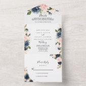 ネイビーエレガントブルーピンク赤面金ゴールド結婚フローラ オールインワン招待状 (内側)