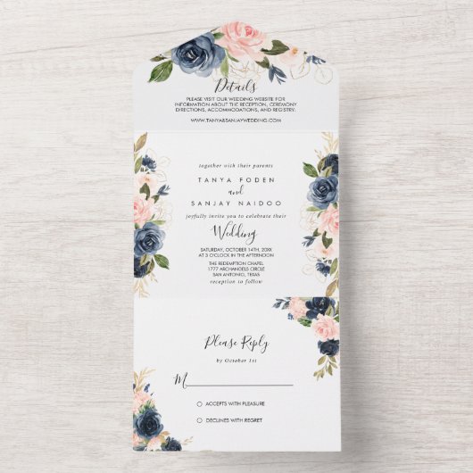 ネイビーエレガントブルーピンク赤面金ゴールド結婚フローラ オールインワン招待状 (内側)