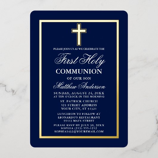 ネイビーエレガントブルーファースト聖餐式クロス金ゴールド 箔招待状 (正面)