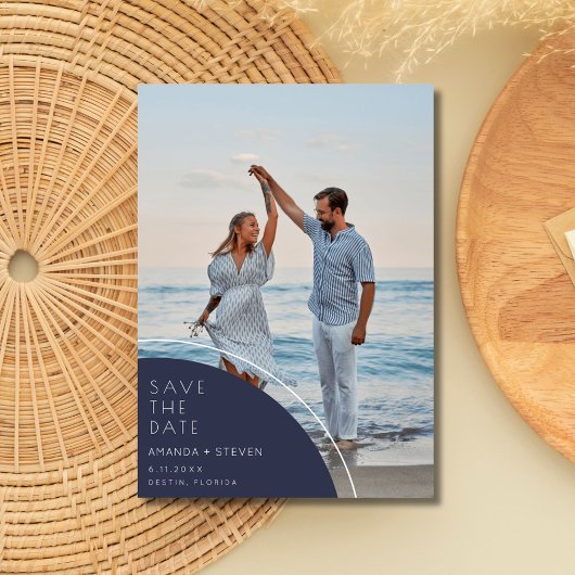 ネイビーエレガントブルーフォトウェディング日付を保存 セーブザデート