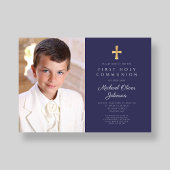 ネイビーエレガントブルーフォトボーイファースト聖餐式 招待状
