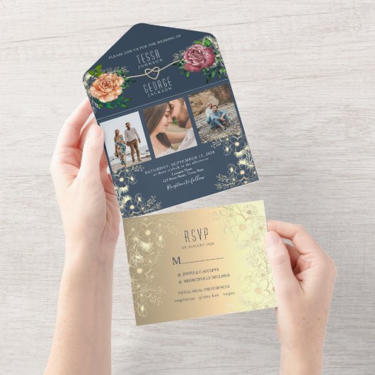 ネイビーエレガントブルーフォト結婚式招待状 オールインワン招待状 (貼ってはがせる)