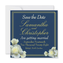 ネイビーエレガントブルーフォト金ゴールドスクリプトホワイトローズ