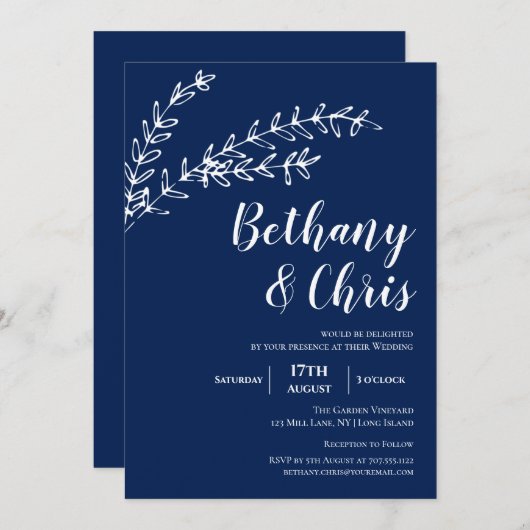 ネイビーエレガントブルーフォージミニマル結婚リスト 招待状 (正面/裏面)