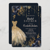 ネイビーエレガントブルーフラワーズブライダルシャワー 招待状 (正面/裏面)