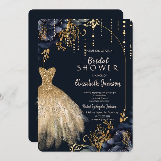 ネイビーエレガントブルーフラワーズブライダルシャワー 招待状 (正面/裏面)