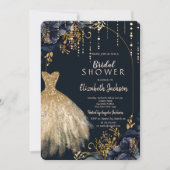 ネイビーエレガントブルーフラワーズブライダルシャワー 招待状 (正面)