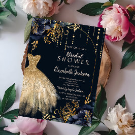 ネイビーエレガントブルーフラワーズブライダルシャワー 招待状