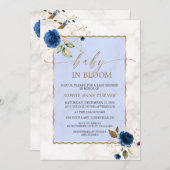 ネイビーエレガントブルーフラワーズ金ゴールドボーイベビーイン開花 招待状 (正面/裏面)