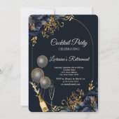 ネイビーエレガントブルーフラワーバルーン、ワインリタイアメント 招待状 (正面)