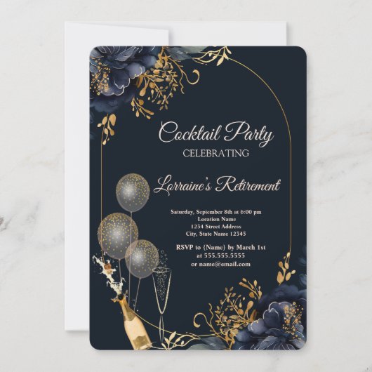 ネイビーエレガントブルーフラワーバルーン、ワインリタイアメント 招待状 (正面)