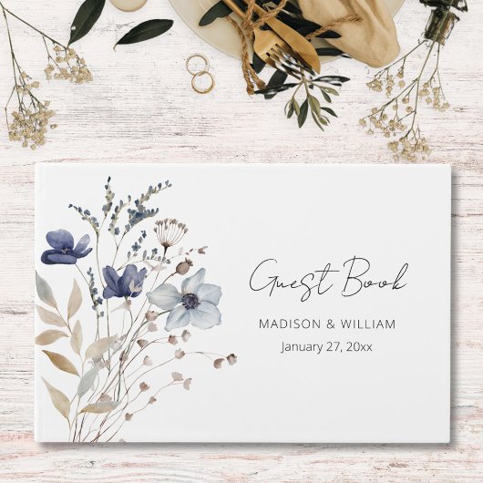 ネイビーエレガントブルーフラワーブーケフローラ結婚ズ ゲストブック
