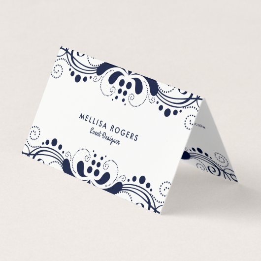 ネイビーエレガントブルーフローラスワールレース 名刺 (正面)