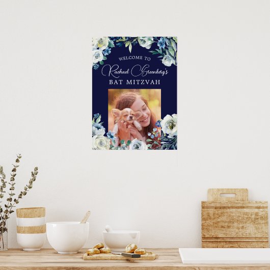 ネイビーエレガントブルーフローラバルミツワーへようこそ ポスター (キッチン)