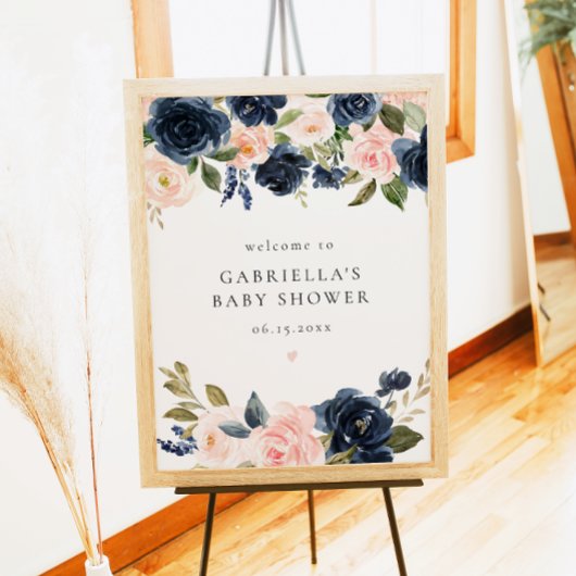ネイビーエレガントブルーフローラベビーシャワーへようこそ ポスター
