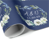 ネイビーエレガントブルーフローラモノグラム冬の結婚式 ラッピングペーパー (ロールコーナー)
