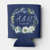 ネイビーエレガントブルーフローラモノグラム冬の結婚式 缶クーラー (裏面)